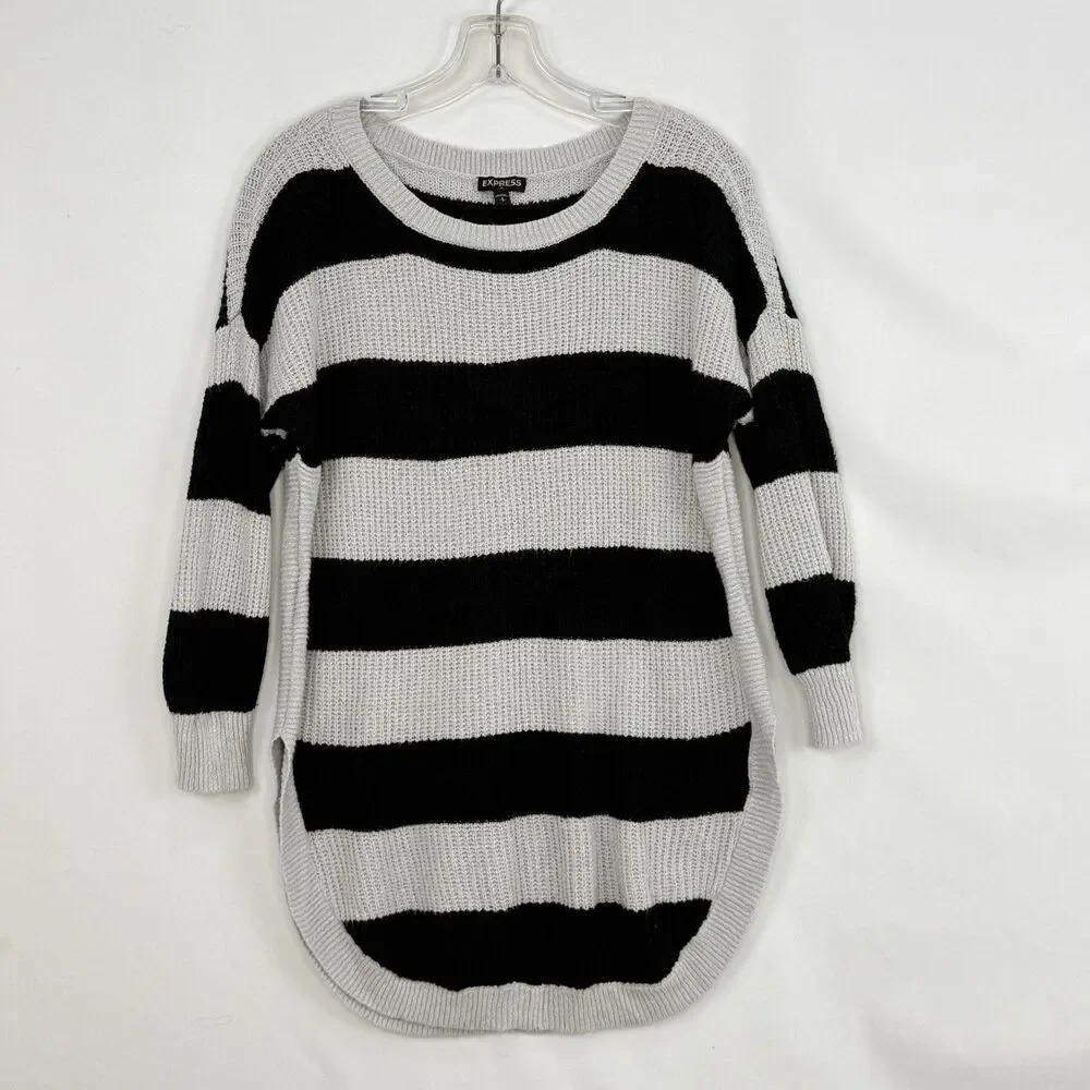 Express S Petite Black Gray Knit Sweater Dress Tunic 3/4 Sleeve High Low Hem